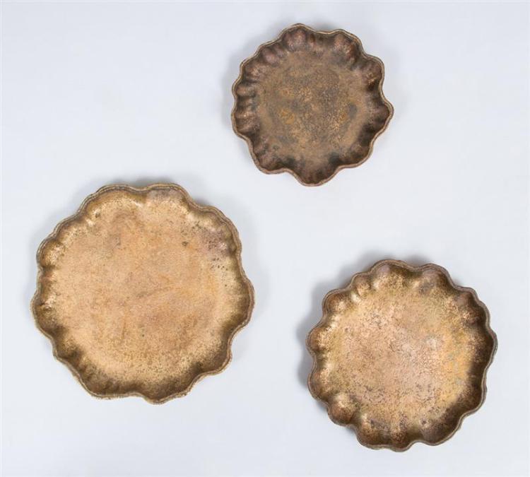 SET OF THREE TIFFANY STUDIOS GILT BRONZE LOTUS FORM DISHES IN GRADUATED SIZES