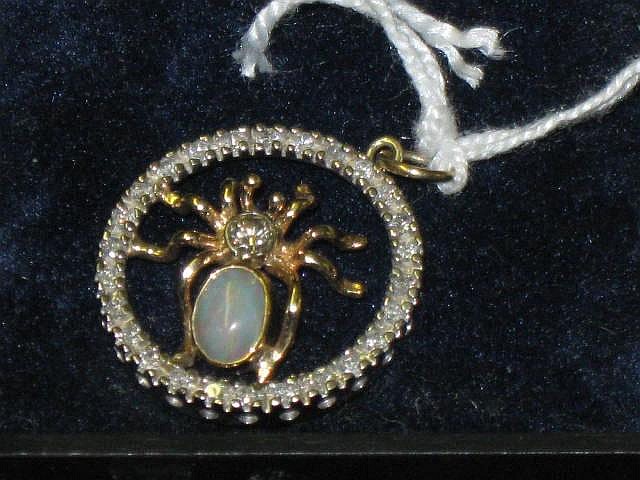 10ct Gold Opal & Diamond Spider Pendant