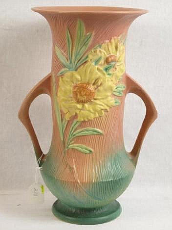 ROSEVILLE POTTERY HANDLED VASE. Peony pattern.