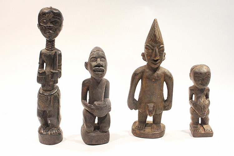 4 AFRICAN WOOD CARVED FIGURES - 11", 8", 10", 6.5" H