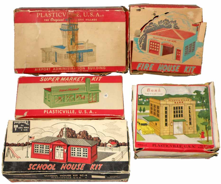 Five boxed plasticville buildings