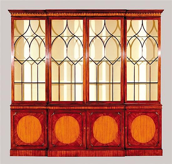 Georgian style inlaid mahogany breakfront bookcase
