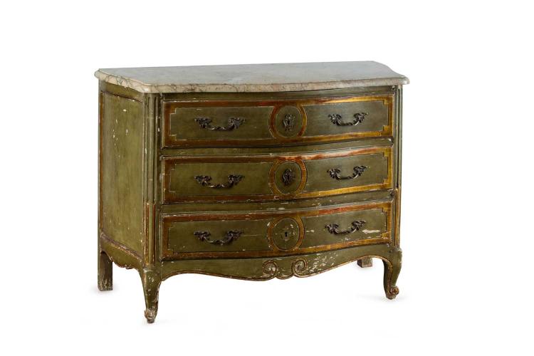 A green painted marble top commode, French, early 19th Century