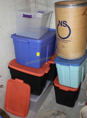 Plastic Storage Bins and Cardboard Barrel