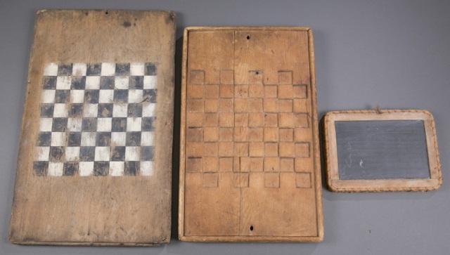 Two Wooden Game Boards and Chalkboard