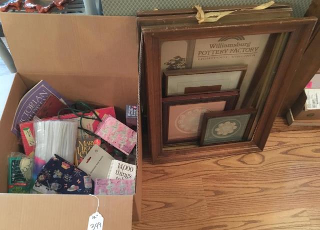 Framed Pictures, Frames, & Box w/ Assorted Items