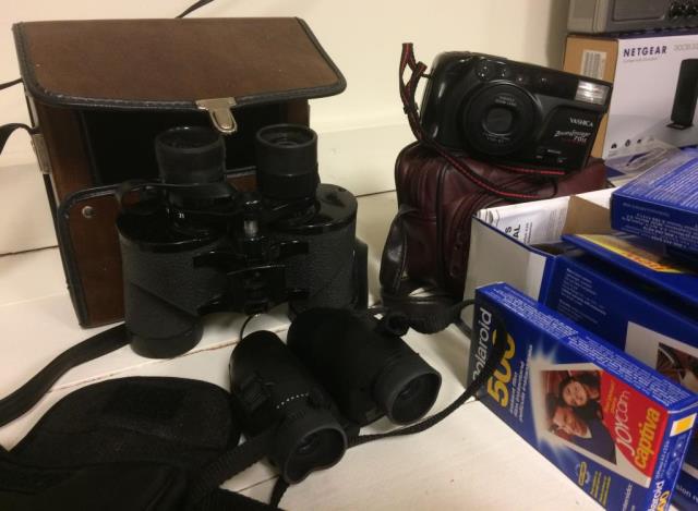 Polaroid Camera w/ Film, Nikon Camera, Binoculars