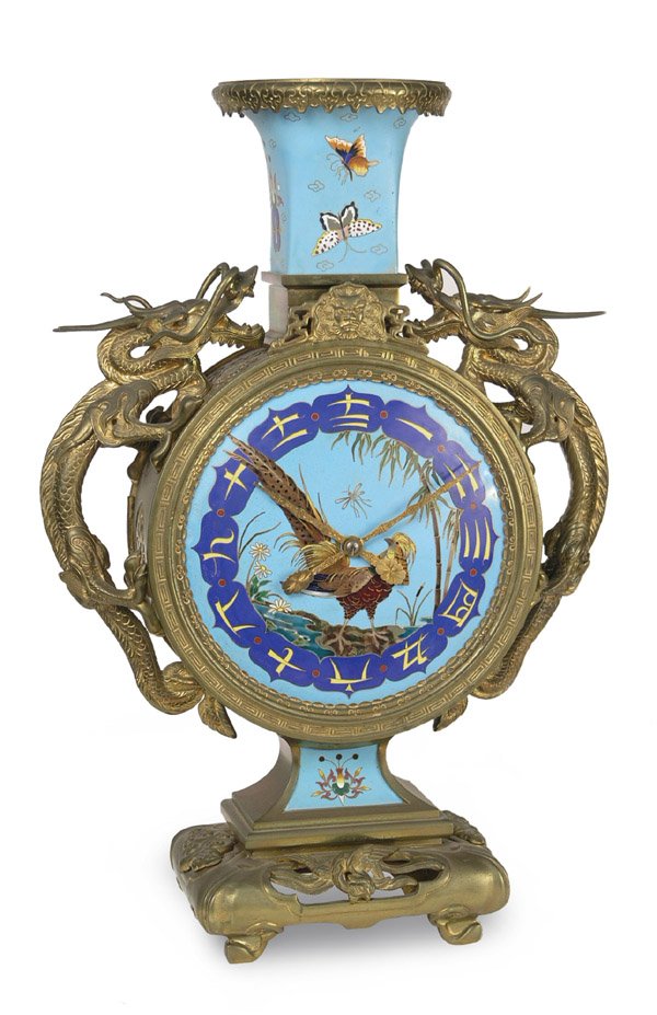 2228: French Chinese motif cloisonne clock