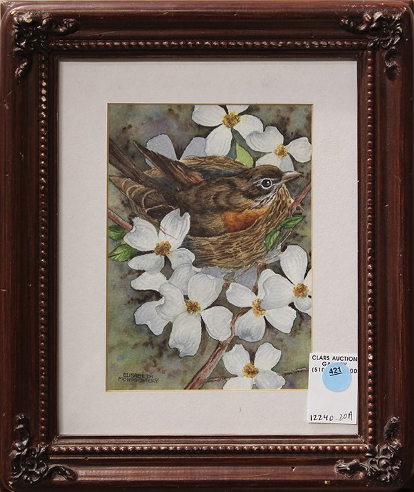 Robin's Nest, watercolor, signed Elisabeth Montgomery