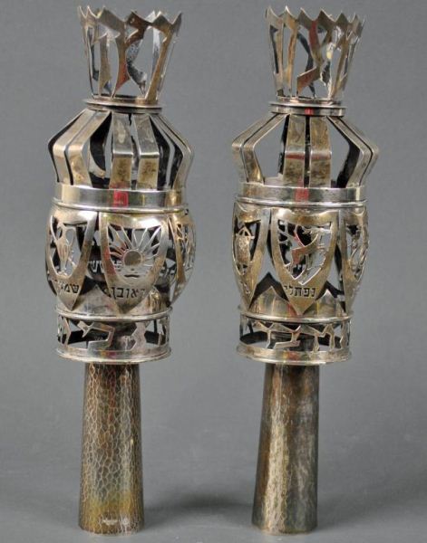 PAIR OF JUDAICA STERLNG TORAH FINIALS