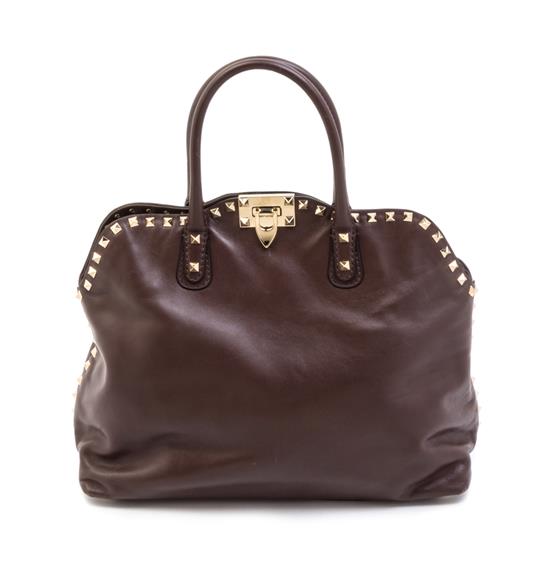 A Valentino Brown Leather Rockstud Double Handle Handbag