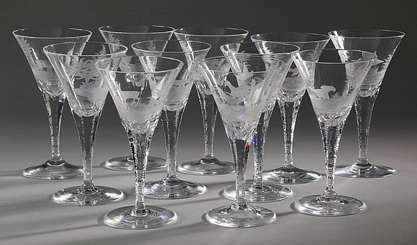 (11) Bohemian etched crystal wine glasses