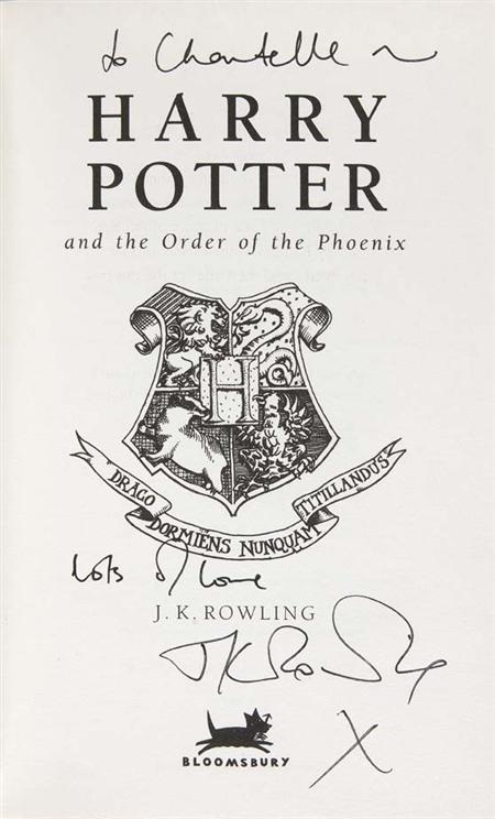 Rowling, J.K., Harry Potter and the order of the phoenix. London: Bloomsbury, 2003, first edition, presentation copy, inscribed on...