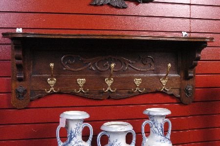 FANCY OAK SHELF WITH COAT HOOKS