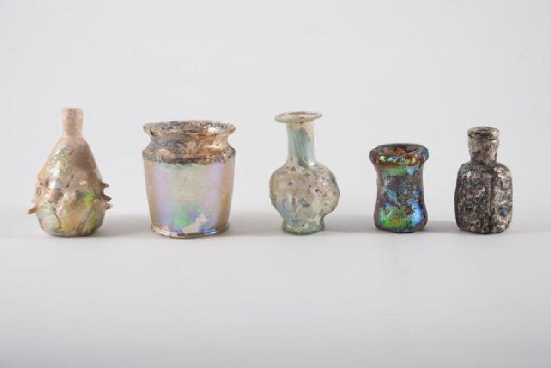 (5) ancient roman iridescent glass bottles