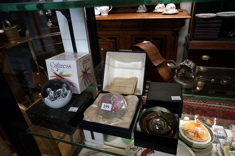 3 glass paperweights inc 2 Caithness & marble paperweight