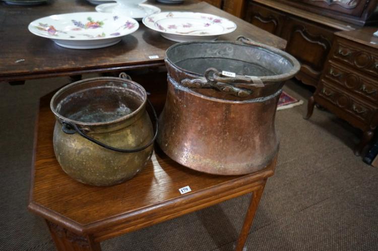 Antique copper 27cm tall bucket & smaller brass bucket