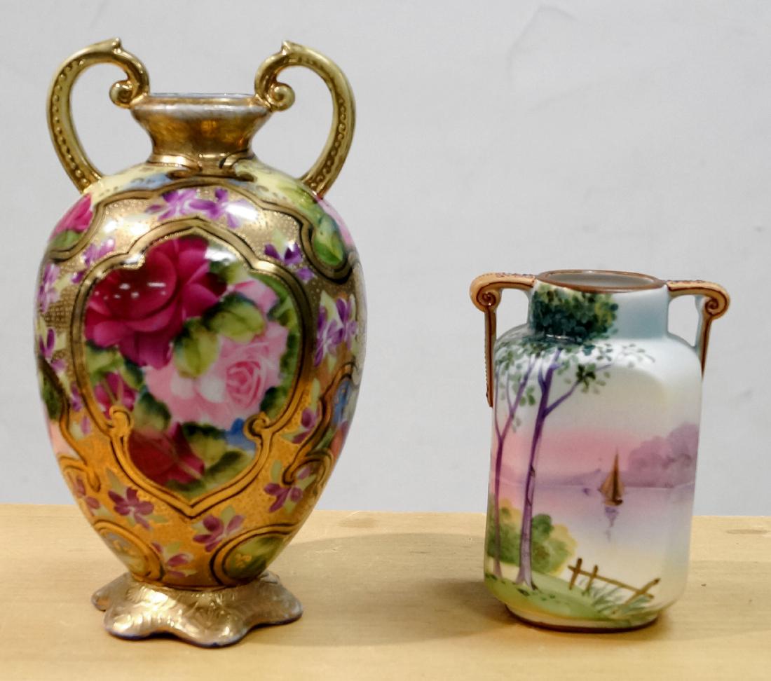LOT (2) HAND PAINTED NIPPON DECORATED PORCELAIN VASES.