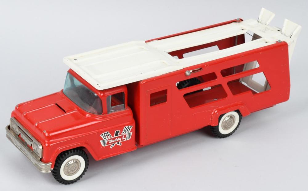 BUDDY L PRESSED STEEL RACE CAR HAULER