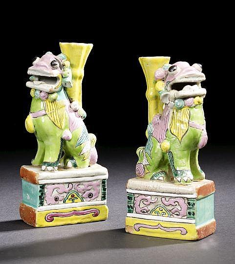 Pair of Chinese Export Porcelain Foo-Dog Joss Stick Holders