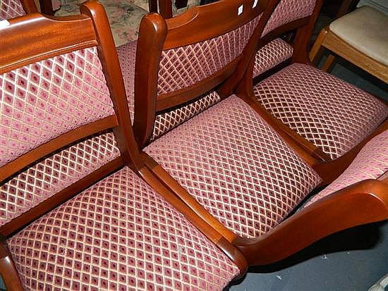 Set Of Six Red And White Upholstered Dining Chairs