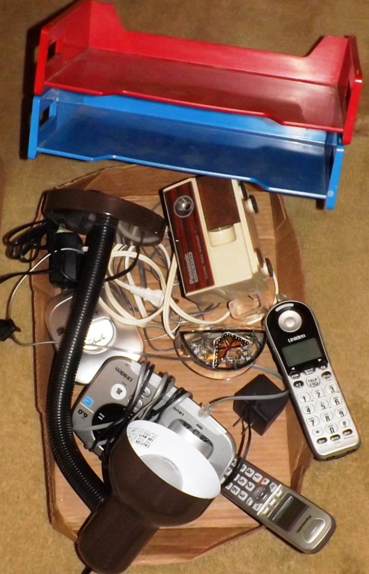 Box Lot- Assorted Office Supplies Phones and Lamps