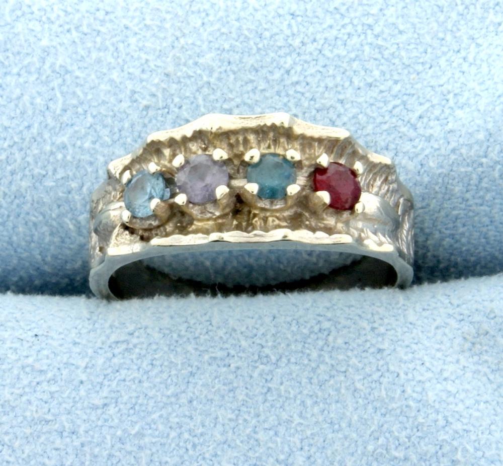 Aquamarine, Sapphire, Blue Topaz, & Ruby Ring in 14k White Gold
