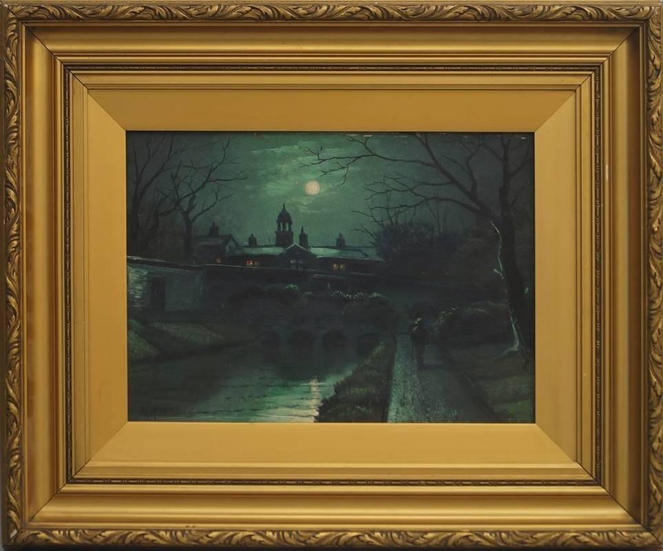 Walter Linsley Meegan, British 1859-1944- Moonlit canal scene with