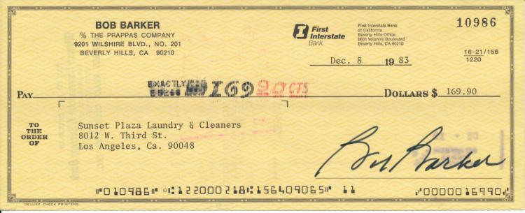 Bob Barker Hand Signed Bank Check