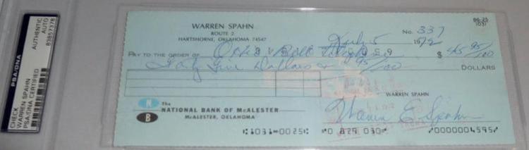 1972 Warren Spahn Autographed Signed Bank Check PSA/DNA #83857378