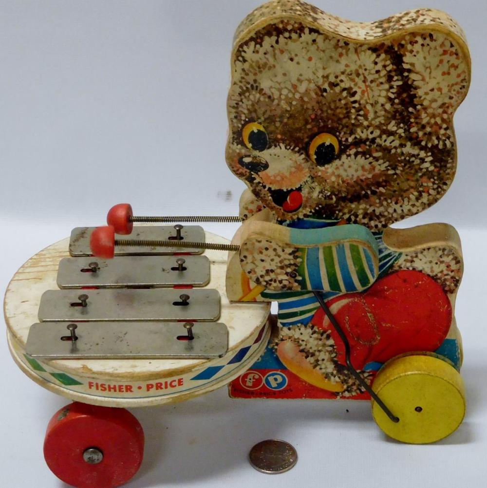 Vintage 1960's Teddy Bear Fisher Price Wooden Shaggy Zilo Pull Toy 738 Xylophone
