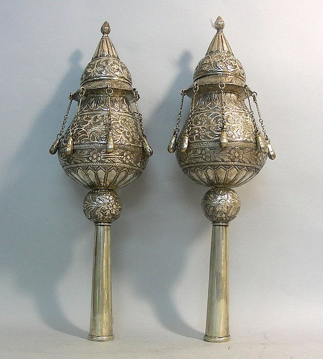 Bukharan Silver Torah Finials Rimonim, Ca 1850, Judaica
