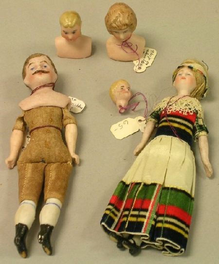 Five Bisque Head Doll House Dolls and Heads