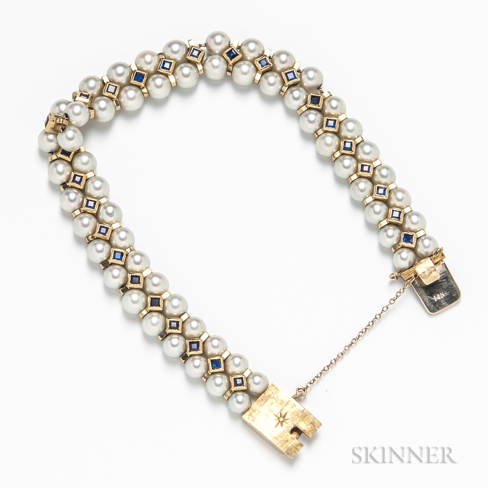 14kt Gold, Cultured Pearl, and Sapphire Bracelet