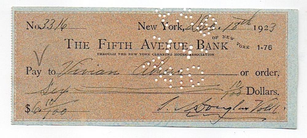 Bank Check Signed by 2 Artists 1923