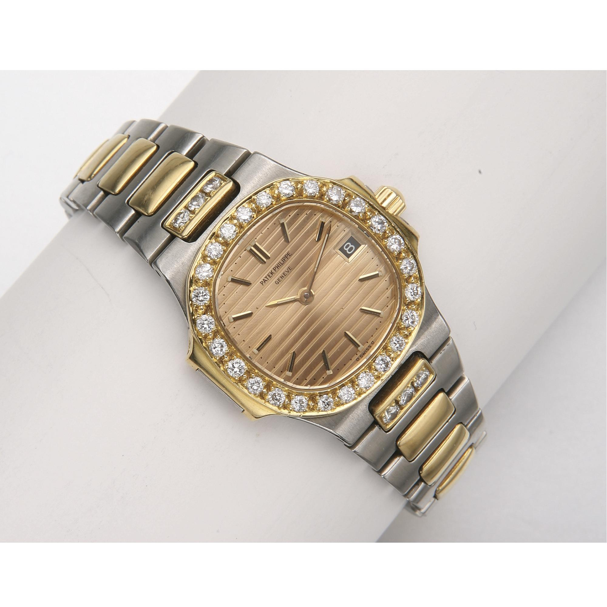 18K GOLD, STAINLESS STEEL AND DIAMOND 'NAUTILUS' WRISTWATCH, PATEK PHILIPPE