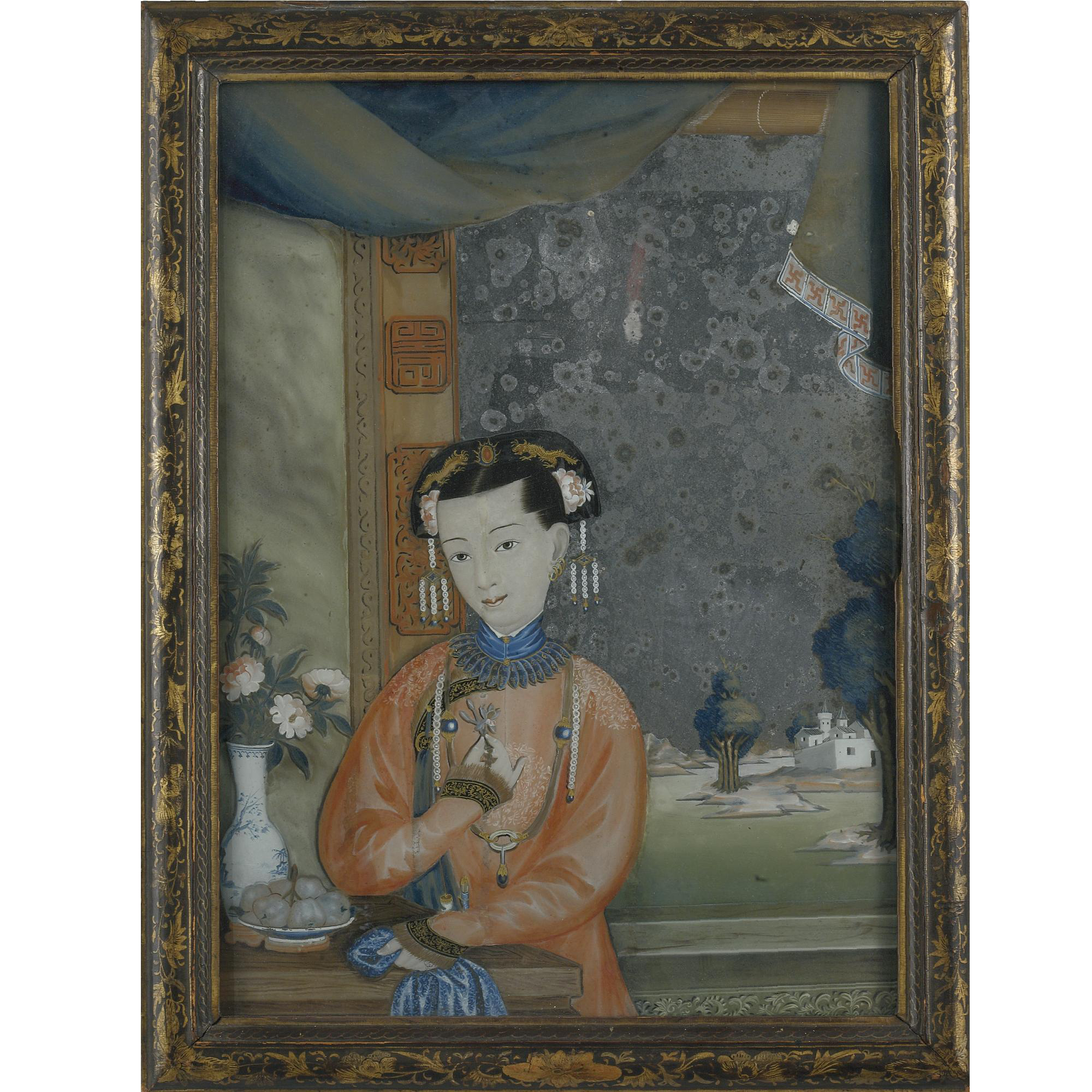 A CHINESE EXPORT REVERSE MIRROR PAINTING