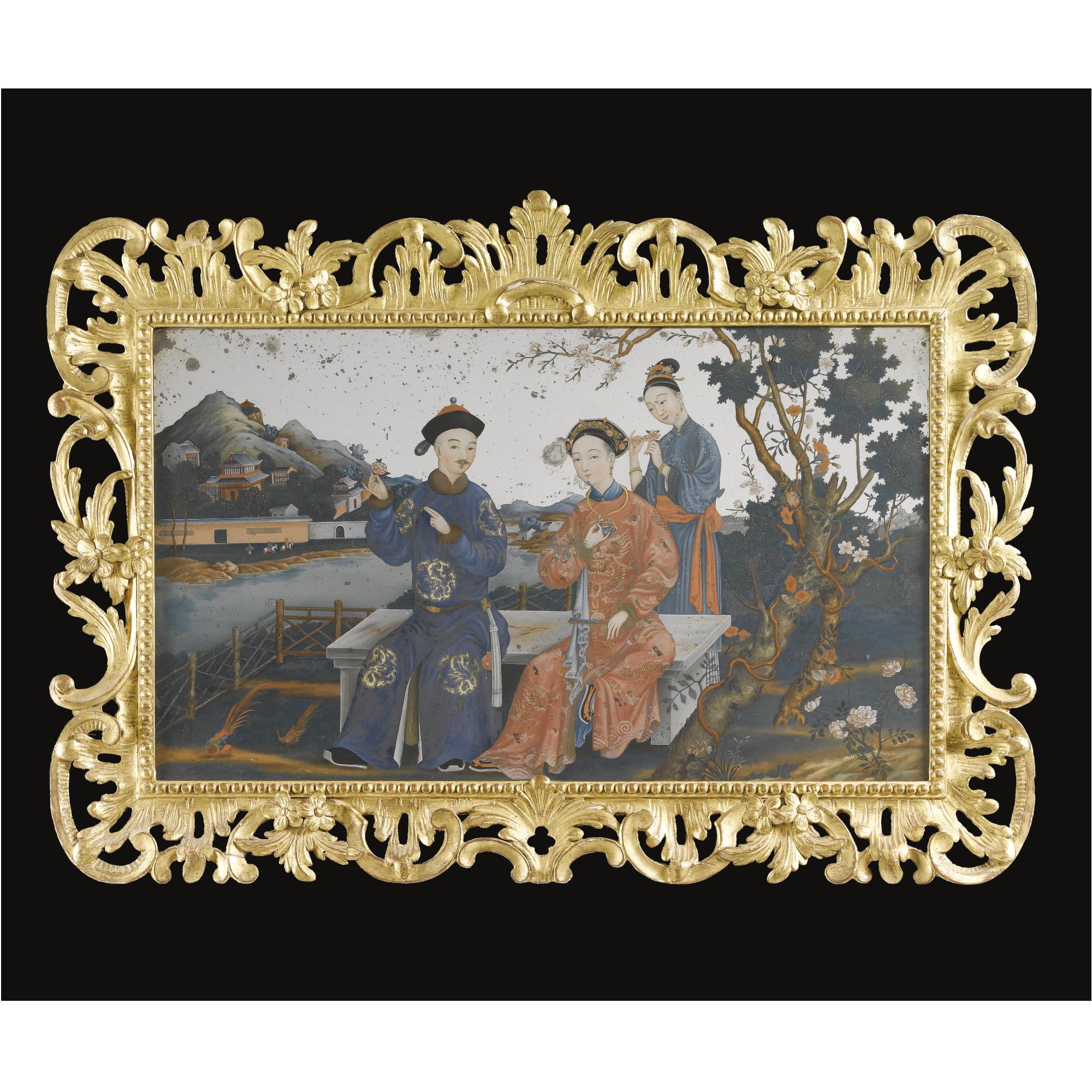 A Chinese export reverse painted mirror
