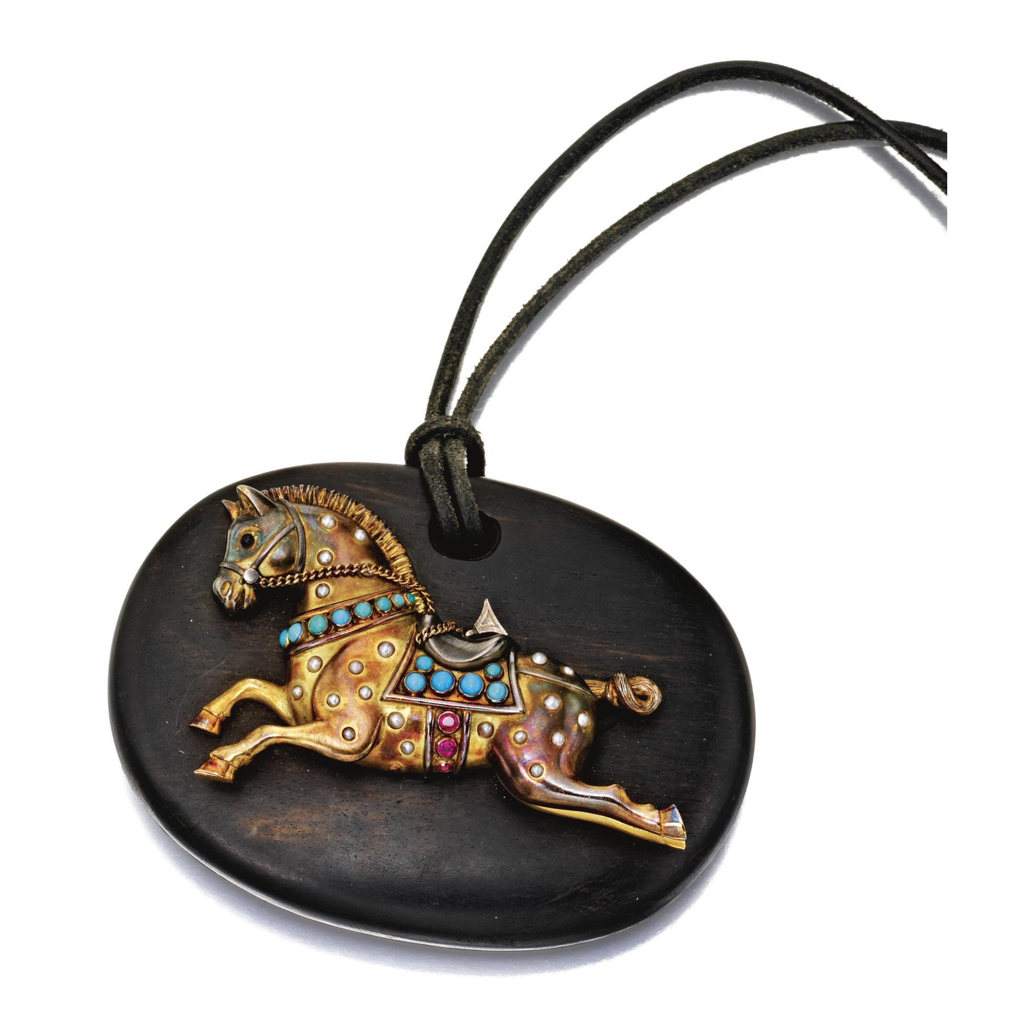 Turquoise, split pearl, ruby and wood 'Cheval' pendant