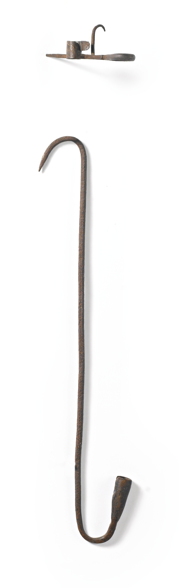 A wrought-iron hanging candle holder and a wrought-iron candle bracket