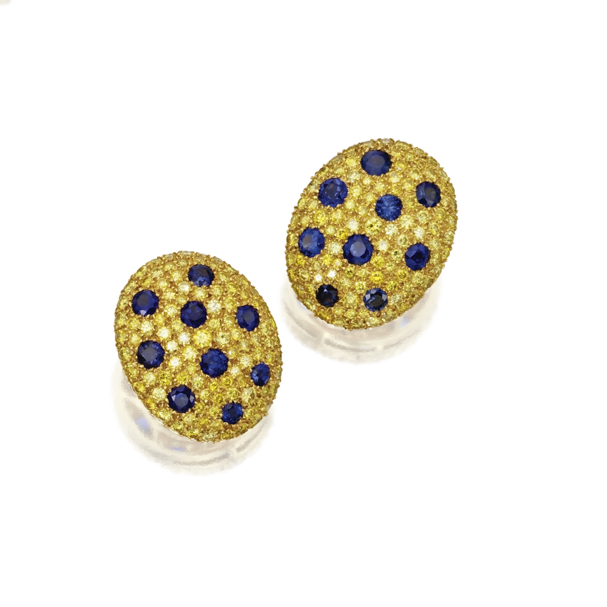 Pair of colored diamond and sapphire earclips