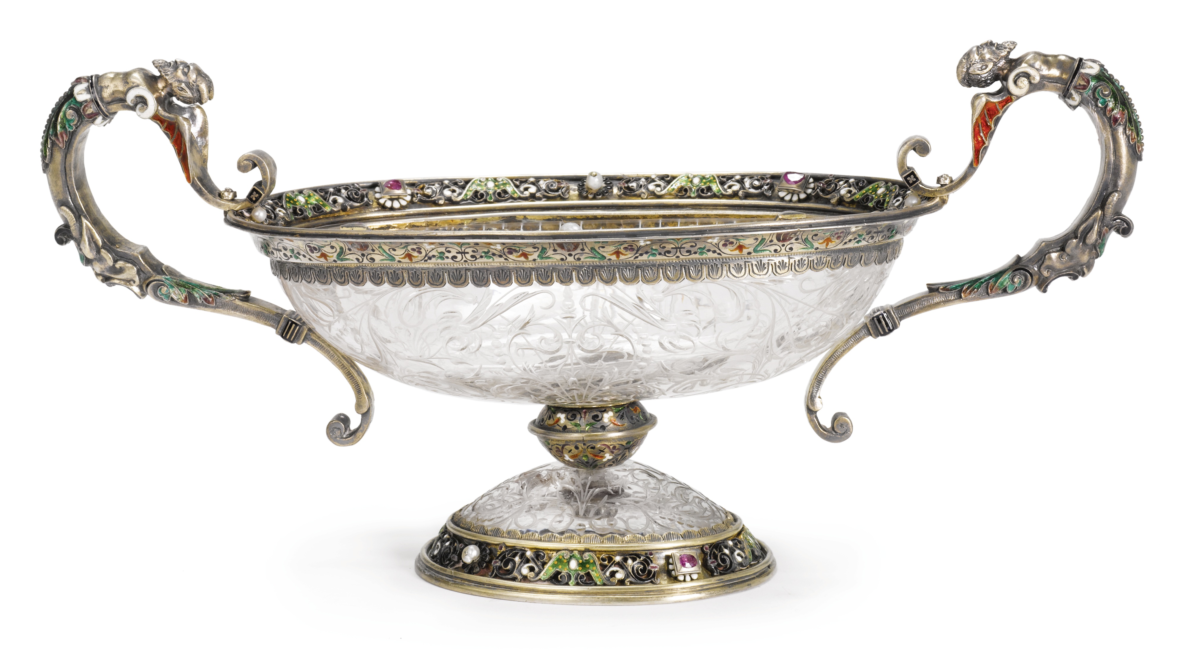 An Austrian silver-gilt and enamel mounted rock crystal bowl, Hermann Ratzersdorfer, Vienna, circa 1880