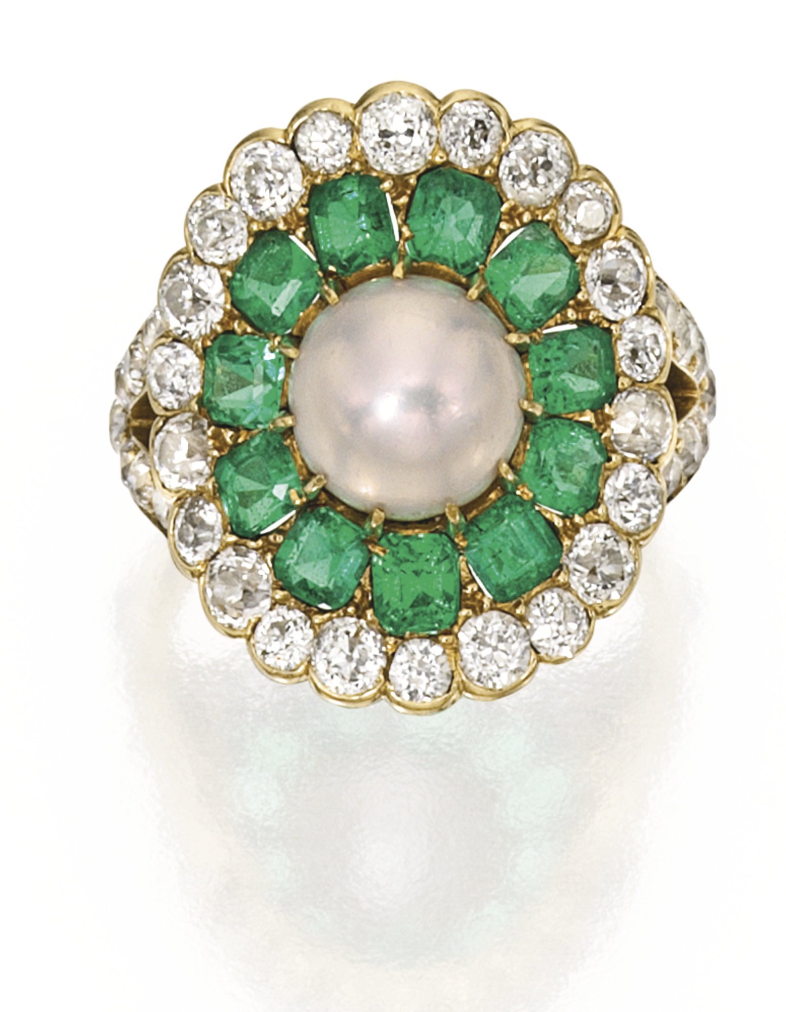 18 karat gold, natural pearl, emerald and diamond ring, marcus & co.
