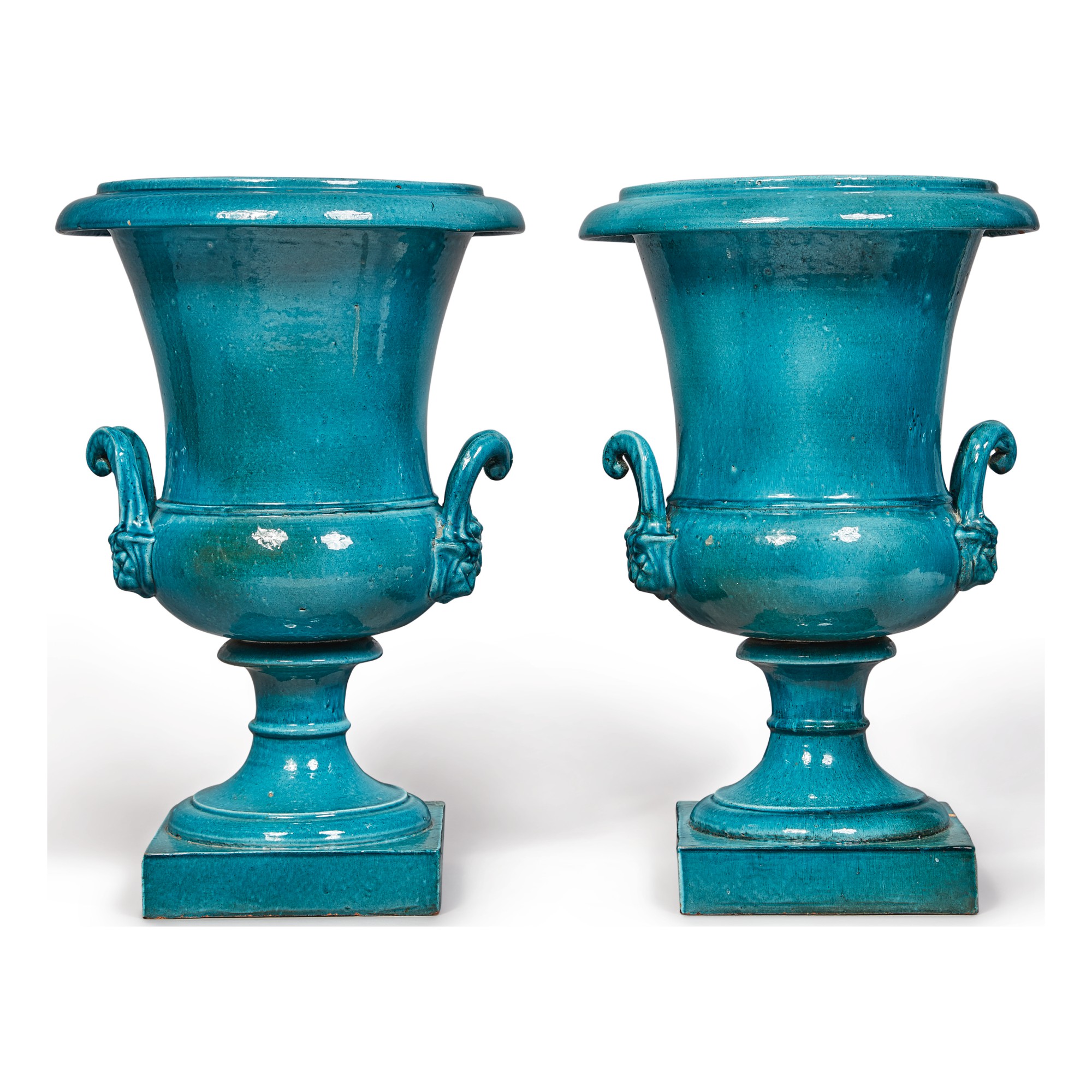 A pair of earthenware turquoise-glazed campana vases, modern