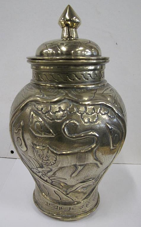 Antique Chinese lidded brass vase with cat and