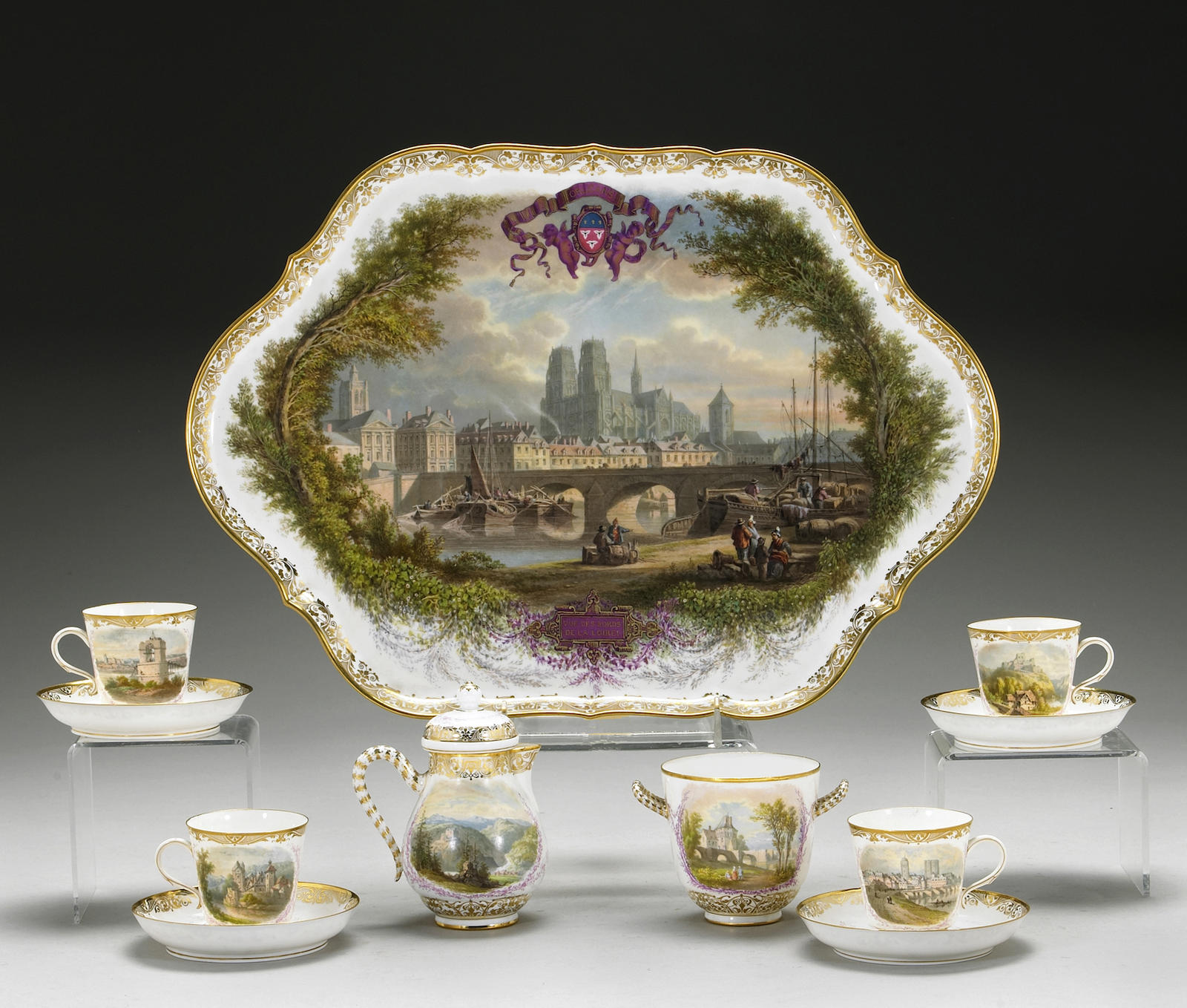 A Sèvres style porcelain topographical part coffee service