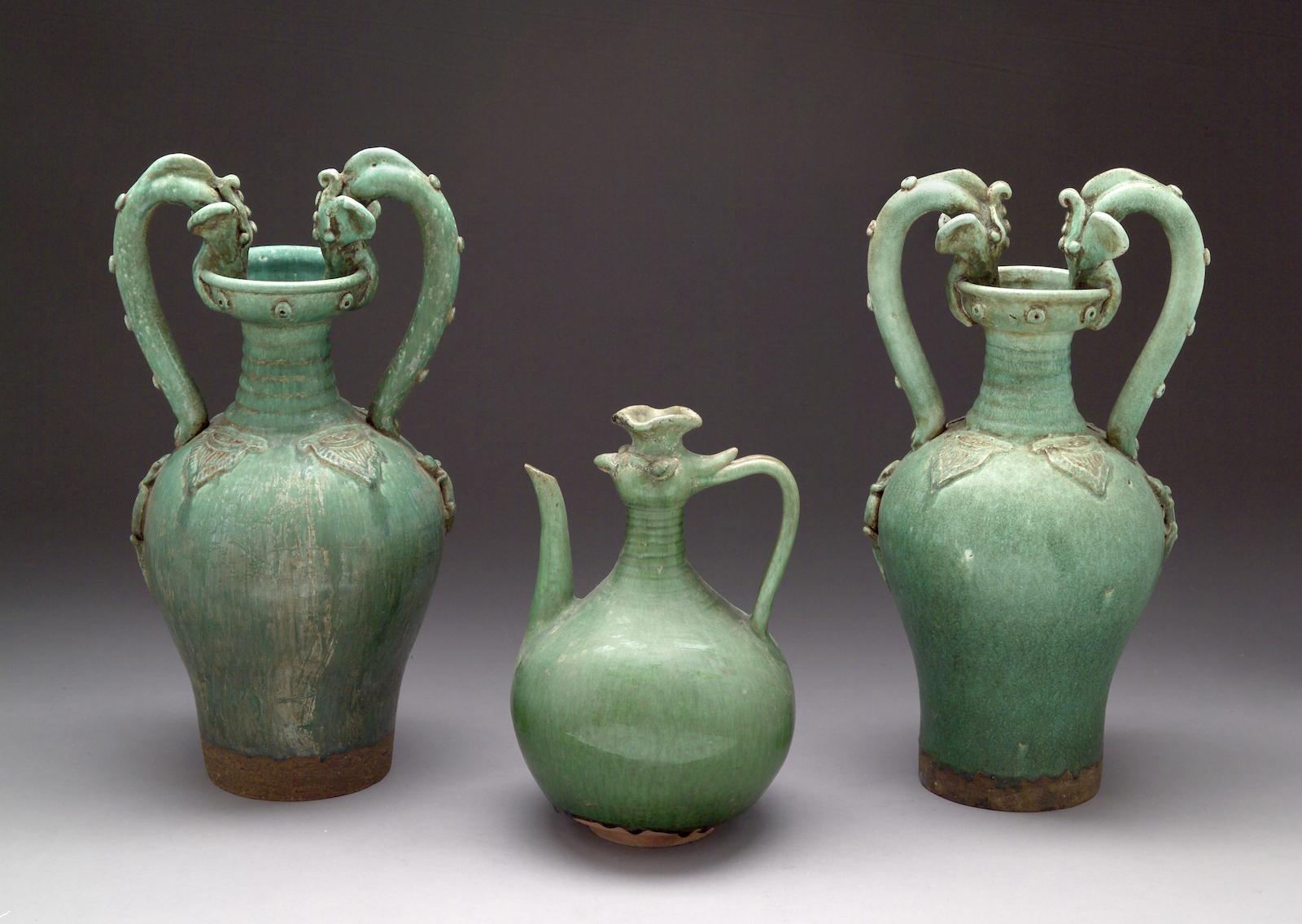 A pair of Chinese turquoise-glazed earthenware vases and an ewer