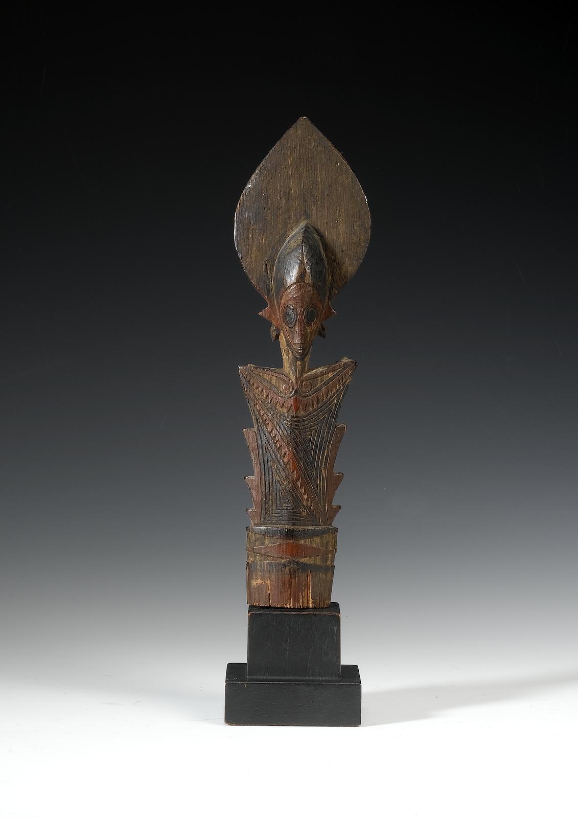 A Solomon Islands wood club finial Buka Island mounted, 27cm.