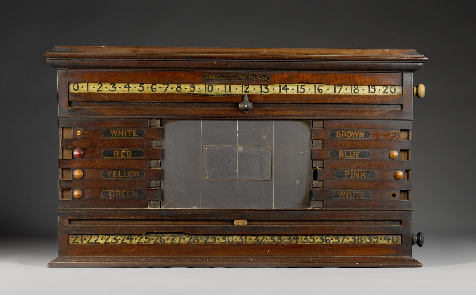 A late 19th century Burroughes and Watts mahogany snooker score board