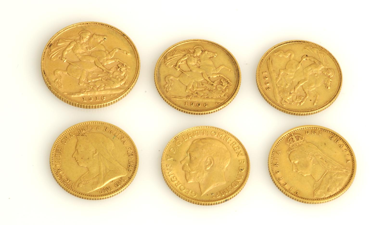 A collection of half sovereigns and a sovereign